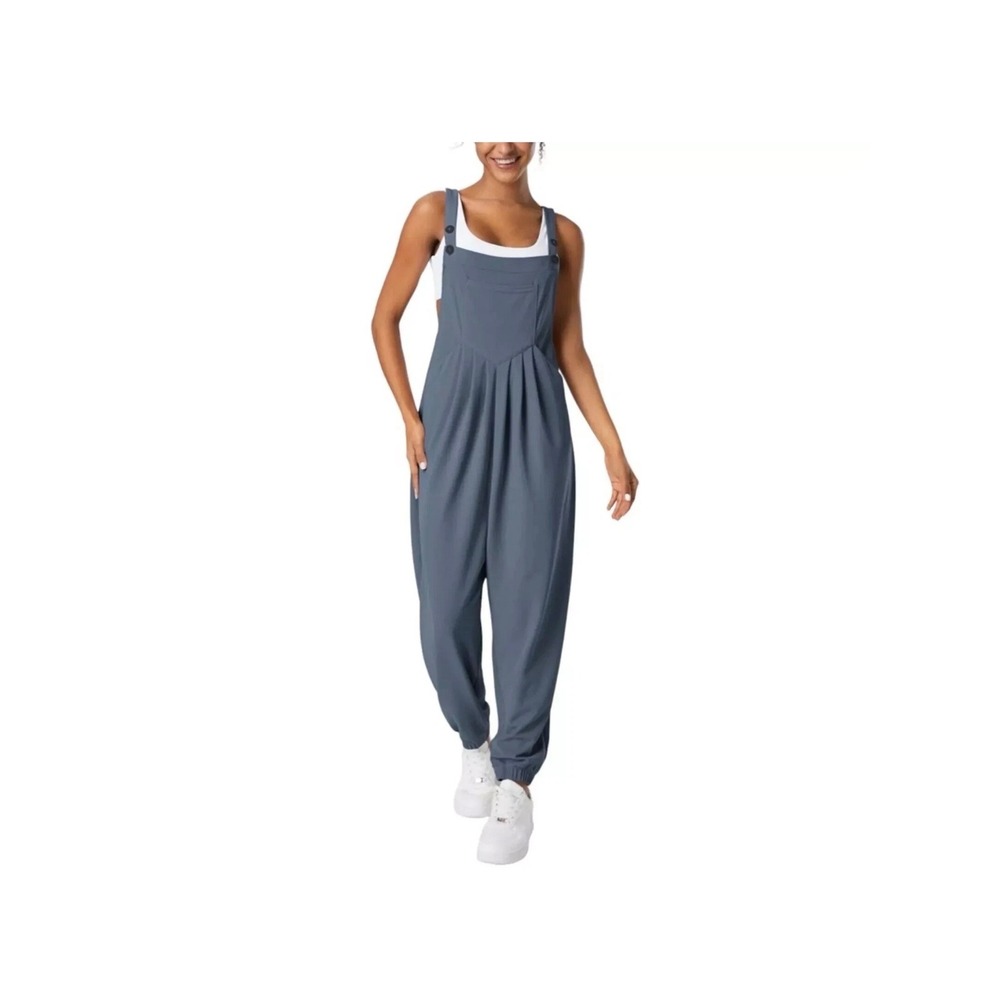 Halara Navy Blue Waffle Knit Pleated Bib Overalls Jogger Jumpsuit Womens Small - Picture 7 of 7